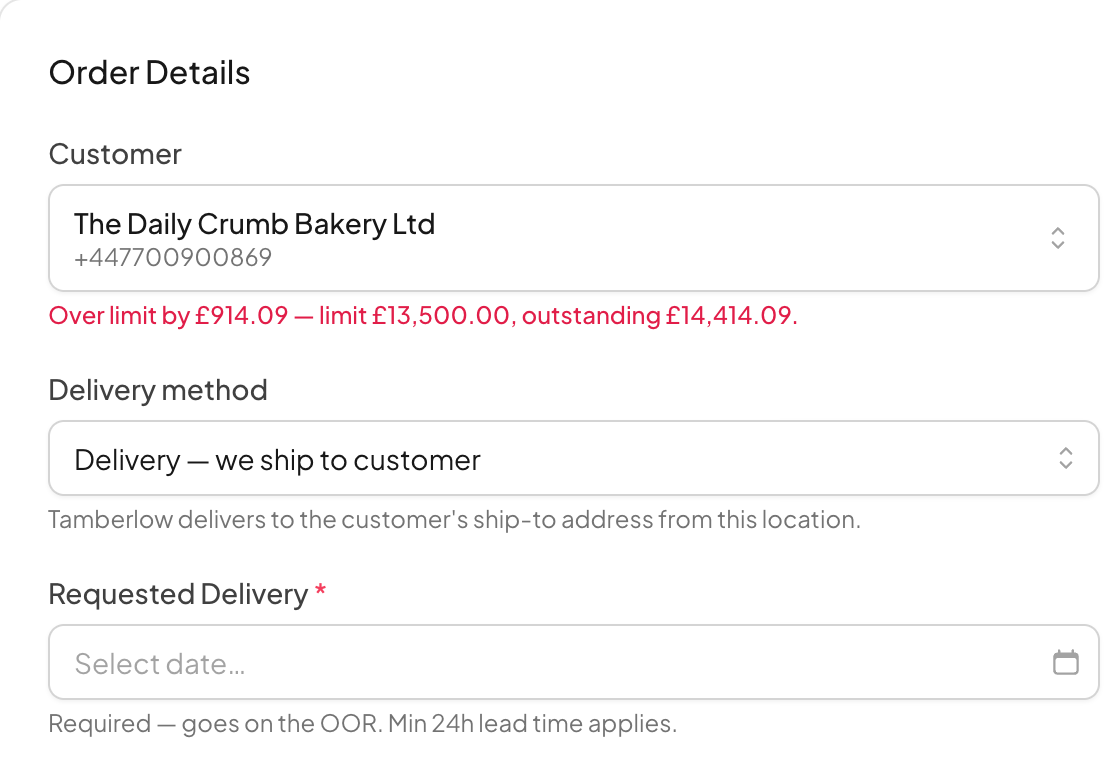 A new sales order for a bakery. Under the customer name, in red: over limit by £914.09, limit £13,500.00, outstanding £14,414.09.